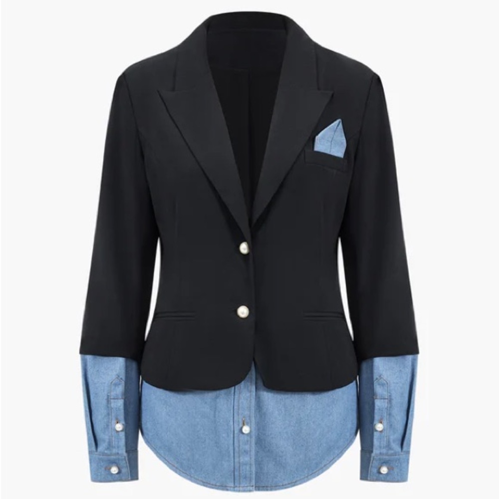 Black Blazer with Blue Shirt-Hem Trim - Picture 4 of 5
